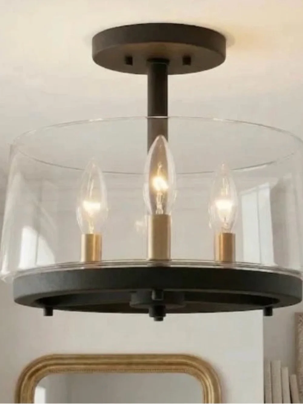 Modern 3-Light Semi-Flush Mount Chandelier in Oil-Rubbed Bronze and Gold